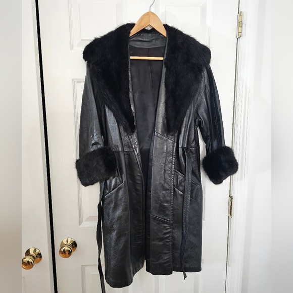 Jackets & Blazers - 100% Genuine Black Leather Coat with Fur Trim